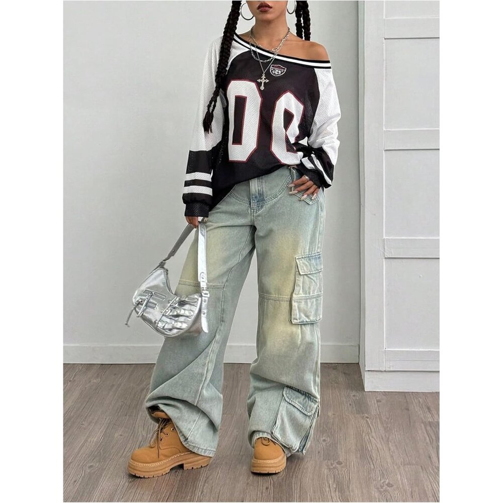 Y2K Mesh Jersey Shirt Women's Oversized Long Sleeve Graphic Tee Casual - Picture 3 of 6